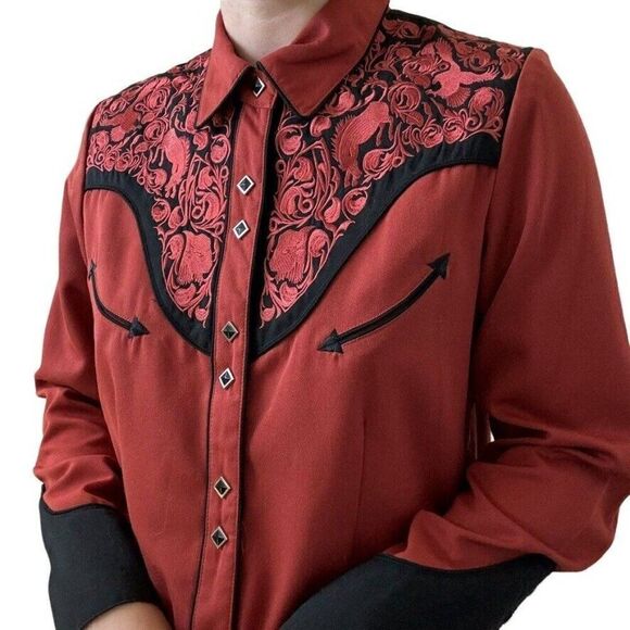 Scully Womens Western Rodeo Ranchwear Orange Floral Embroidered Pearl Snap Shirt - Picture 1 of 7